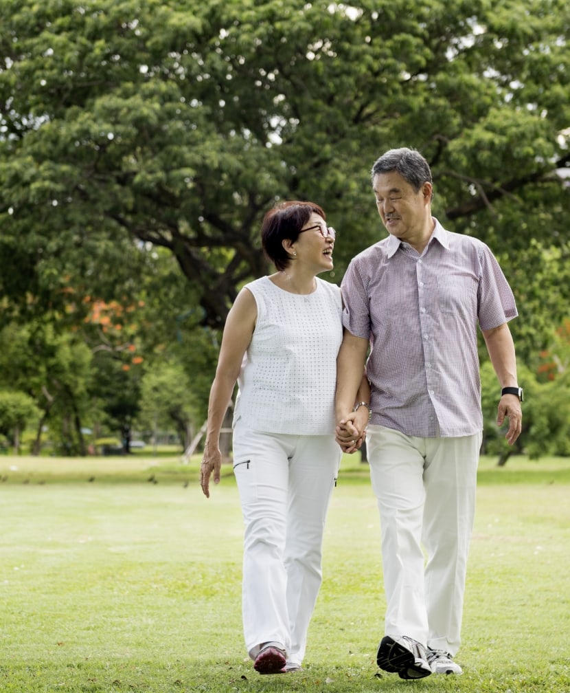 A couple walking, holding hands in the park